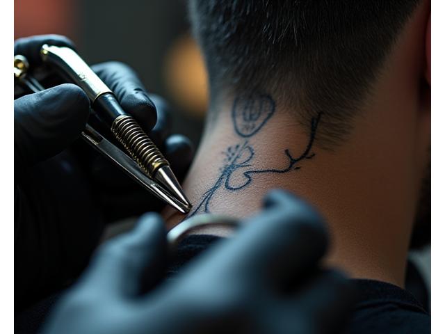 Close-up shot of a barber's hands expertly using specialized clippers and a fine-tipped razor to create intricate details of a hair tattoo on a client's head. Focus on precision and sharp tools.